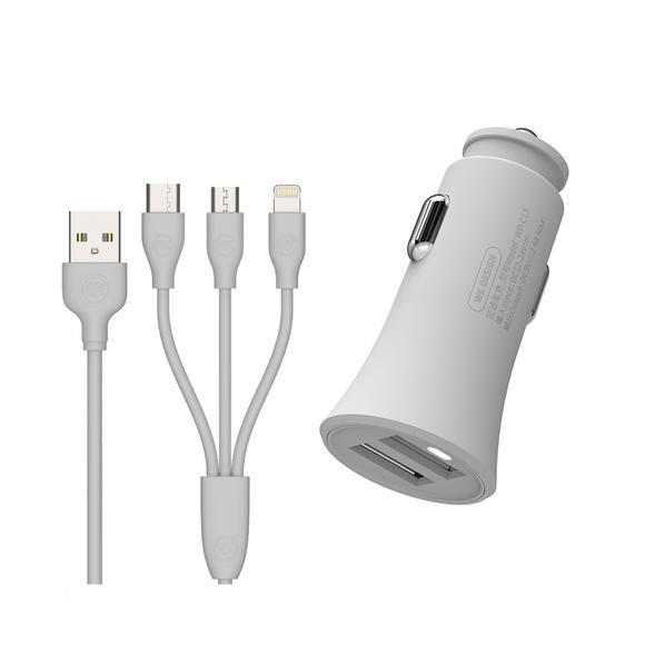 Car Charger WK 2.4A USBx2 With 3in1 charging cable White WP-C13(EOL)